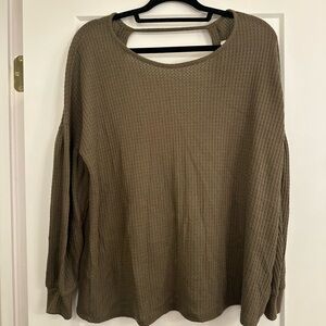Cherish Olive Green Waffle Knit Long Sleeve Top | Criss Cross Open Back